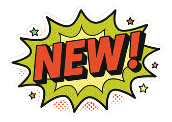 Green burst sticker with NEW! message in bold comic style, dynamic retail promo offer on transparent background.
