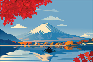 Autumn Lake Rowing with Mount Fuji in Background 