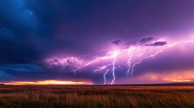 Dramatic lightning strikes illuminate a vibrant sunset over a vast open field landscape