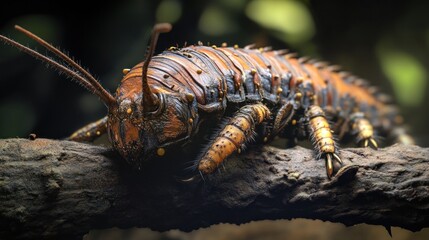 Exotic insect with rigid carapace resting calmly on a weathered branch