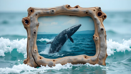 Whale Breaching Ocean Surface Framed by Wood Against Sea