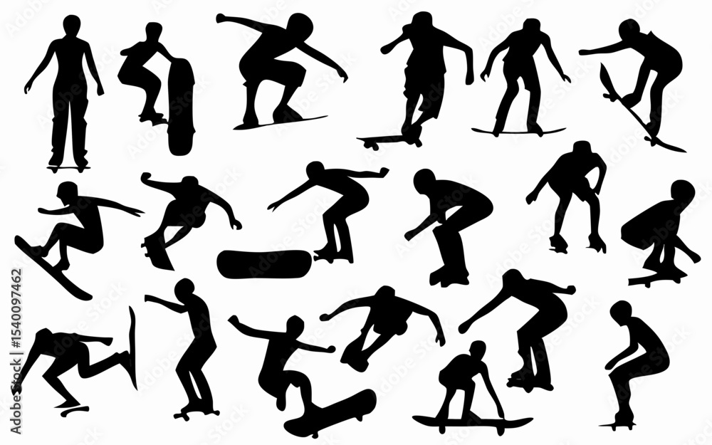 Poster silhouette collection of skateboarders performing various tricks and poses on skateboards and snowbo