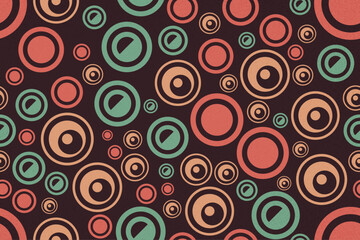 Abstract rings tracery seamless patterns with bold circular outlines in earthy red and green tones on a dark background