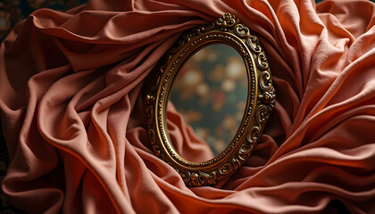 Ornate Gold Mirror Nestled in Flowing Fabric Still Life