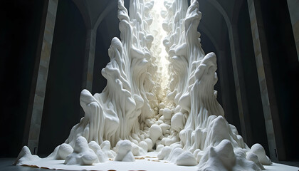 Abstract White Sculpture in Dark Arched Hallway with Light