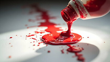 Pouring Red Paint Creates Spilled Puddle and Dripping Trail