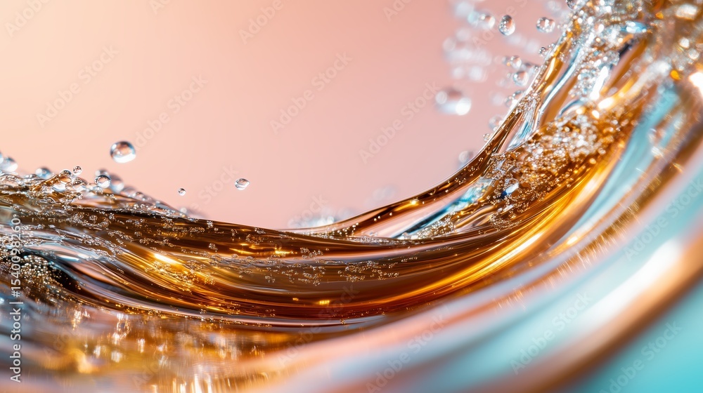 Poster swirling bubbles and waves of shimmering liquid create captivating patterns in a glass container dur
