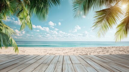 A wooden deck with palm tree leaves framing a serene beach scene with a clear blue sky and calm ocean.