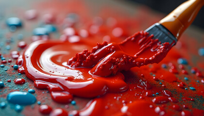 Painting with Red and Blue Paint Close-up on Brush