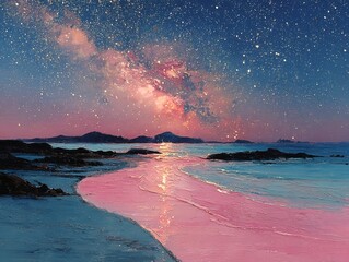 Naklejka premium Starry night sky and pink beach with a glowing blue sea at twilight