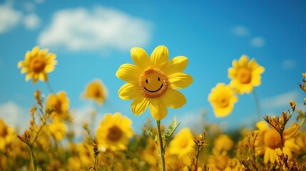 A cheerful sunflower with a smiley face in a field of yellow flowers against a blue sky.