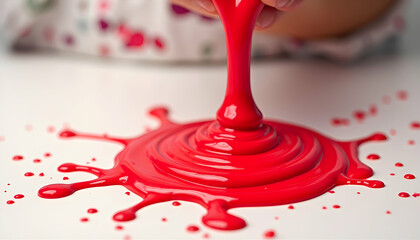 Red Paint Pouring and Splattering on White Surface