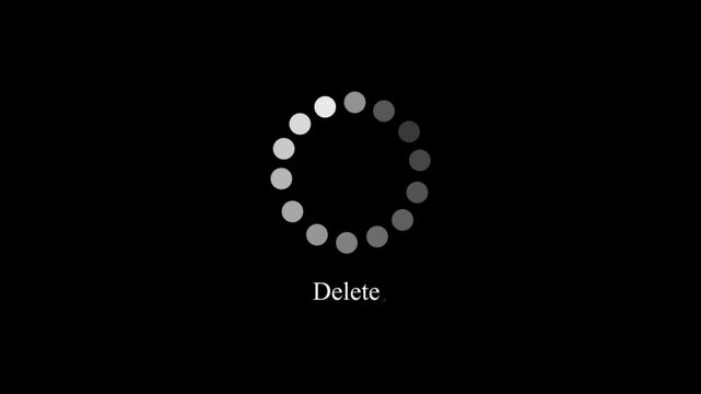 Deleting progress bar circle computer screen animation loop isolated on black background .4k video delete icon animation .