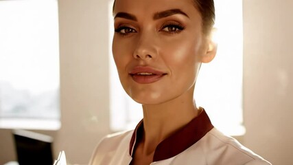 sexy doc. Professional woman in an office setting, smiling confidently while holding a clipboard, with sunlight streaming through large windows in the background - Powered by Adobe