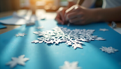 Crafting Paper Snowflakes Close-up, Hands at Work on Winter Decorations