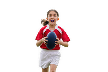 Young Girl, Rugby Enthusiast, Running with Determination, Action Shot, Sporting Spirit,  Childhood Dreams,  Active Lifestyle, Energy, and Passion