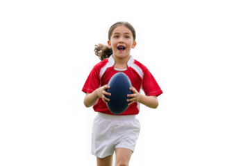 Young Girl, Rugby Enthusiast, Running with Determination, Action Shot, Sporting Spirit,  Childhood Dreams,  Active Lifestyle, Energy, and Passion