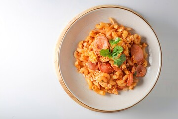 Stir fried macaroni with tomato sauce ,sausage and egg in white plate on white background