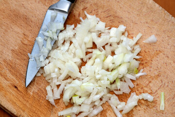 Dicing onions on a wooden board during meal prep