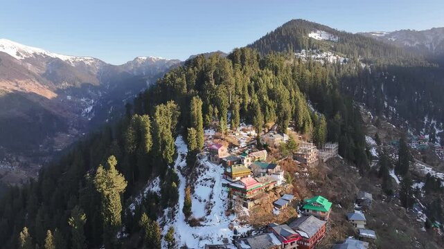 Aerial view of a quaint mountain village in Himachal with scattered snow and lush green pine trees, captured on a clear sunny winter morning.