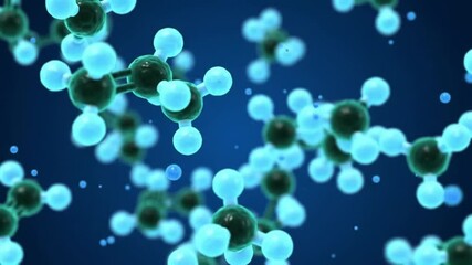 Close up of molecular structure with blue and dark green spheres on a dark blue gradient background - Powered by Adobe