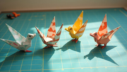 Colorful Origami Birds Arranged on Teal Grid Surface