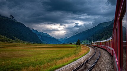 Fototapeta premium Scenic train journey through dramatic mountainous landscape under moody sky with sunlight breaking