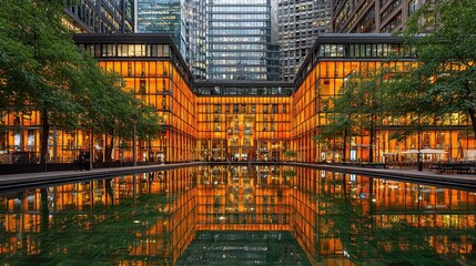 Glass building reflects in a still pool, surrounded by trees and city views