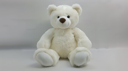A plush white teddy bear sits isolated on white background