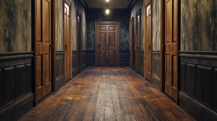 Obraz premium A dimly lit, narrow hallway with wooden doors and walls, featuring a single light fixture and a wooden floor.