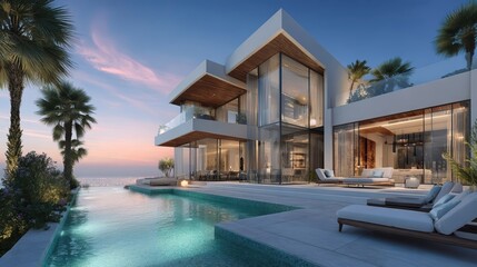 Obraz premium A multi level luxury home with large glass windows overlooks the ocean at sunset.