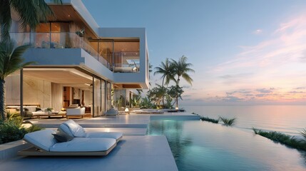 Obraz premium The patio of a luxurious beach house offers a stunning view of the ocean sunset.
