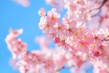 Obraz premium Cherry blossoms in full bloom against a bright blue spring sky
