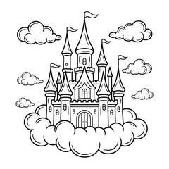 Whimsical black and white illustration of a fairy tale castle floating amongst fluffy clouds perfect for coloring books and children's designs