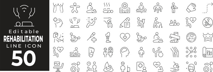 Rehab and recovery icon collection. Includes physiotherapy, walking aid, medical recovery, health support, and wellness. Editable stroke.