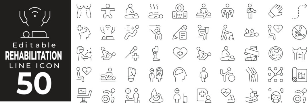 Rehab and recovery icon collection. Includes physiotherapy, walking aid, medical recovery, health support, and wellness. Editable stroke.