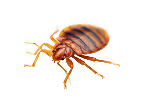 Close-up Photography of a Bed Bug, Detailed View of Insect Anatomy, High-Resolution Image of Pest Control Subject, Brown and Orange Hues, Isolated on White Background