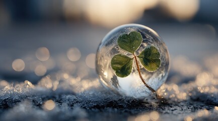 Frozen bubble encapsulating a shamrock rests on icy ground, bathed in soft, warm light