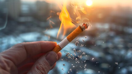 Close up of hand holding a burning cigarette slowly letting it go mid air captured in motion blur ashes falling symbolic of release and emotional freedom moody background
