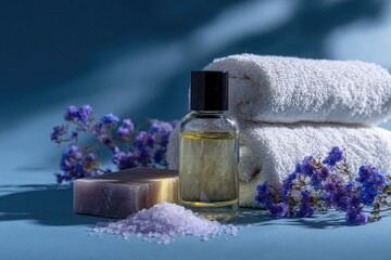 Spa setting with bath salts, soap, oil, and towels, accented by purple flowers on a blue background, bathed in soft light