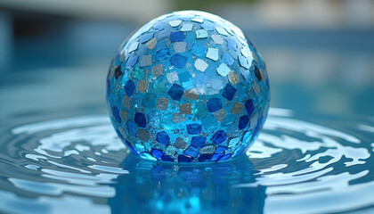Blue Glass Orb Resting on Water with Ripples