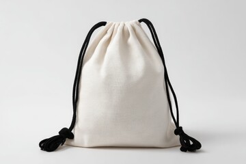 Off-white drawstring bag with black cords,  soft fabric, simple design, empty, against a neutral background