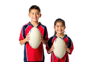 Smiling Siblings, Rugby Enthusiasts, Holding Rugby Balls, Youth Sports, Active Kids, Sporting Spirit, Teamwork, Fun, Childhood, Energy, Action Shot, Portrait, White Background, Kids Sports Photography