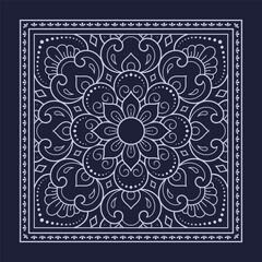 Circular pattern in form of mandala with flower for Henna, Mehndi, decoration. Blue decorative ornament in ethnic oriental style for a bandana. Outline doodle hand draw vector illustration.