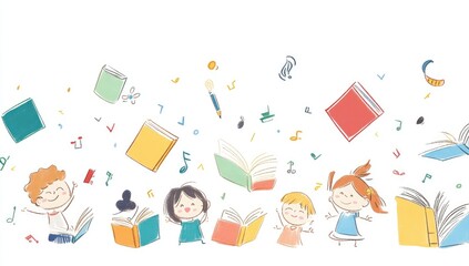 Children joyfully surrounded by books and learning-themed elements