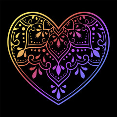 Mehndi flower pattern in form of heart for Henna drawing and tattoo. Decoration in ethnic oriental, Indian style. Valentine's day greetings. Rainbow color pattern on a black background.