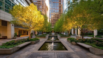 Cityscape garden trees line pools of water between modern buildings