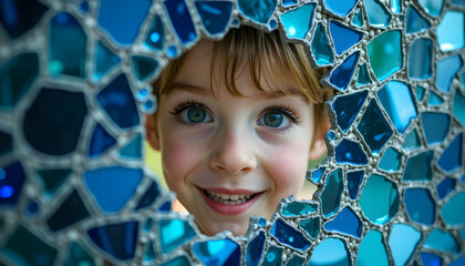 Smiling Girl Looking Through Blue Mosaic Hole