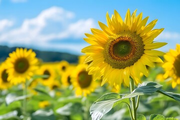 Fototapeta premium Sunflower field in high summer with clear skies
