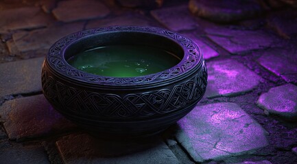 Ornate dark cauldron filled with glowing green liquid sits on a cobblestone surface under purple and orange lighting
